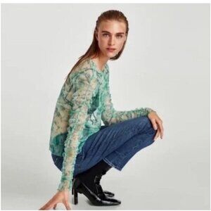 Zara Green Sheer Mesh Floral Long Sleeve Blouse Ruched Top - Women’s Small Y2K